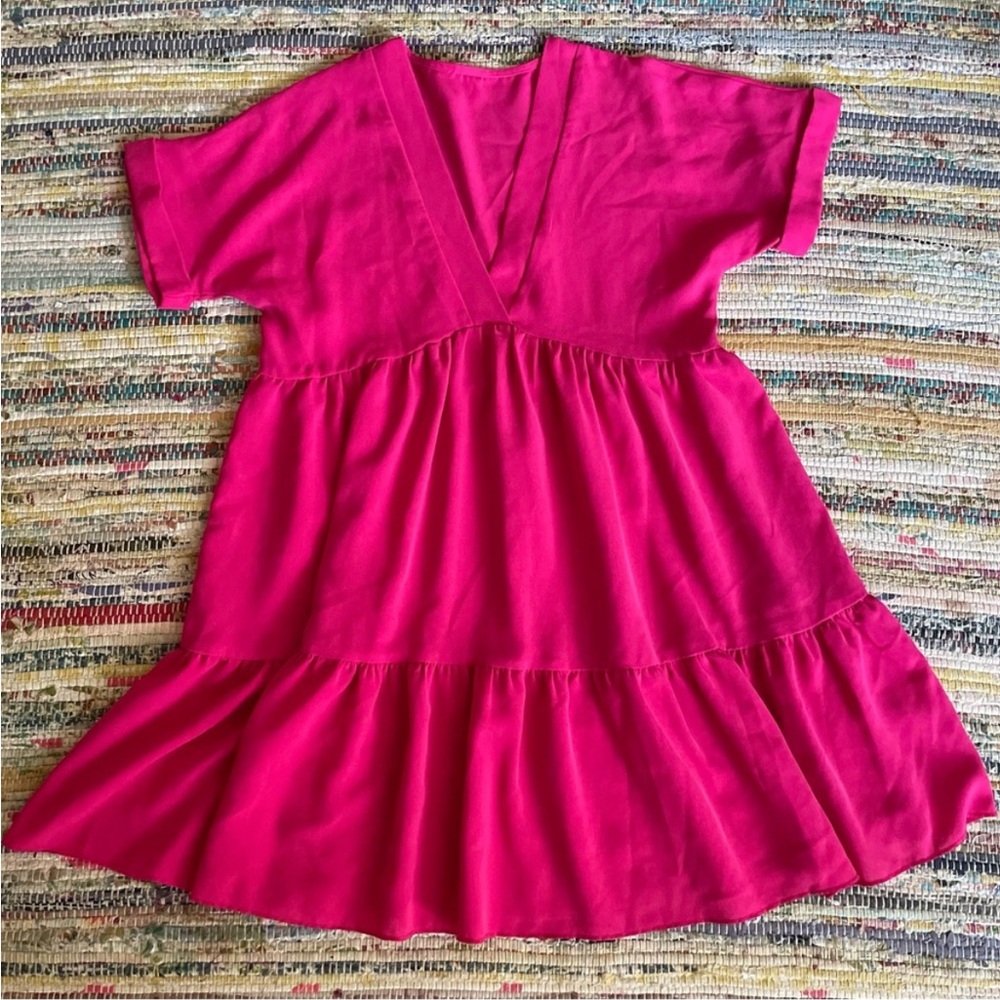 Bright Pink V-Neck Tiered Dress
